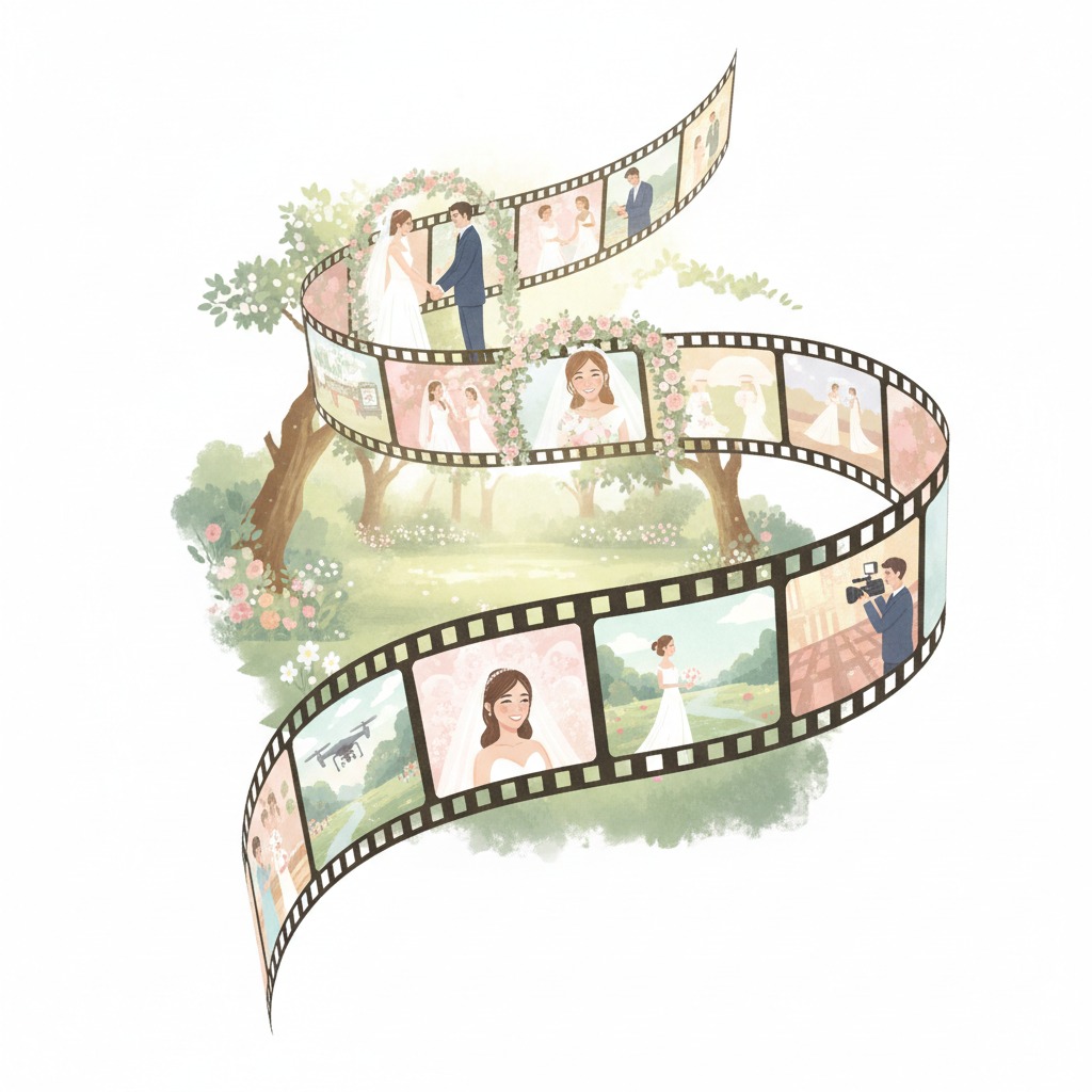 Ilustrácia svadobného filmového pásu, ktorý sa vinie cez rozprávkovú záhradu a zobrazuje rôzne momenty zo svadobného dňa.